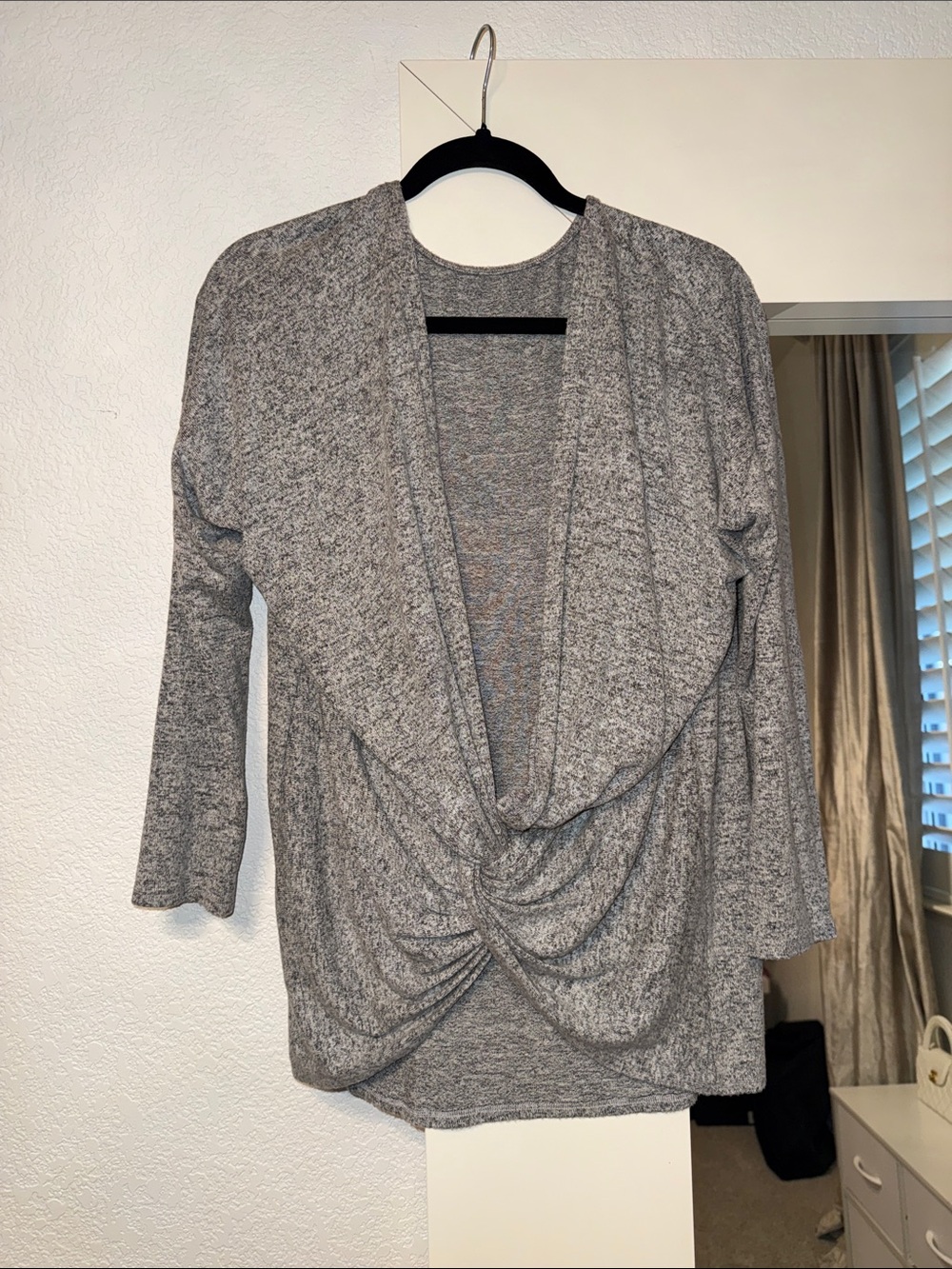 Cherish Heather Gray Twist-Back Draped Knit Top